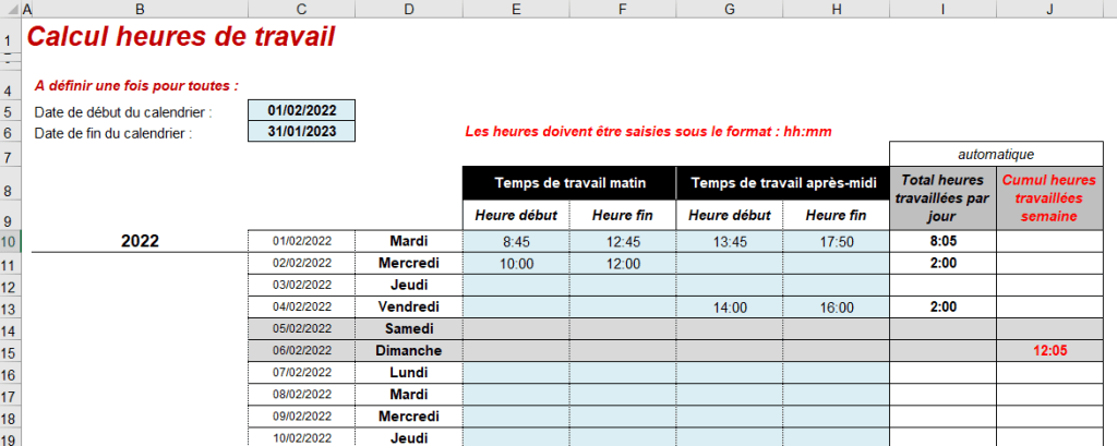 calcul heures de travail excel